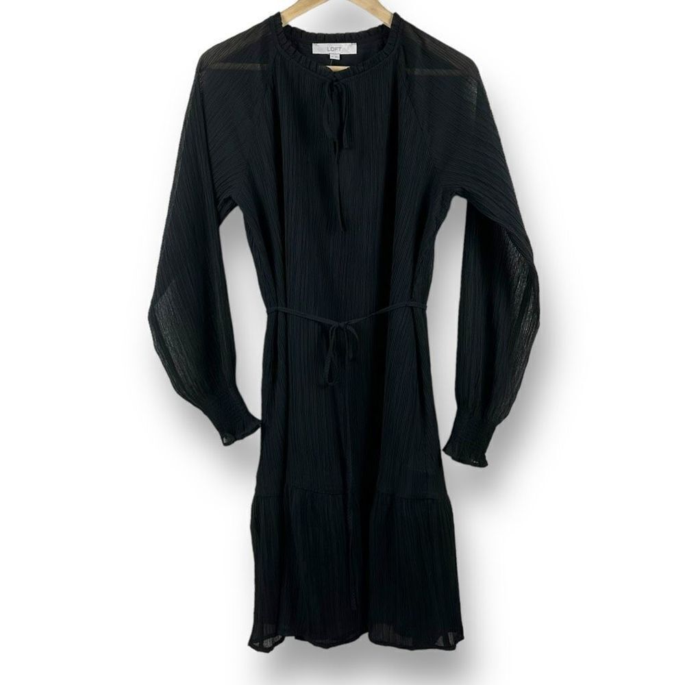 Loft Women's Size M Tall Long Sleeve Crepe Texture Dress Black Belted New